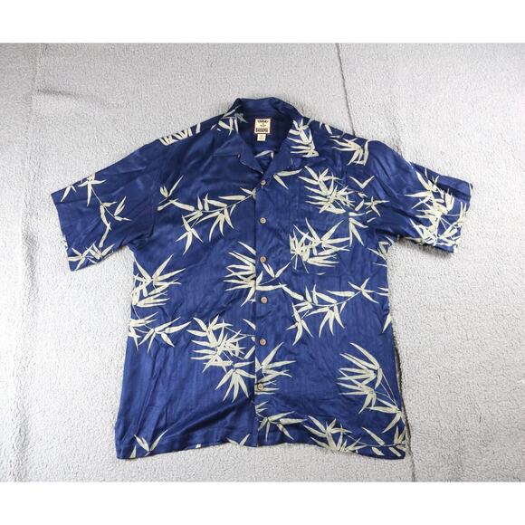 Tommy Bahama Shirt Mens M YBlue Bamboo Hawaiian Silk Short Sleeve Palm Tree - Picture 1 of 5